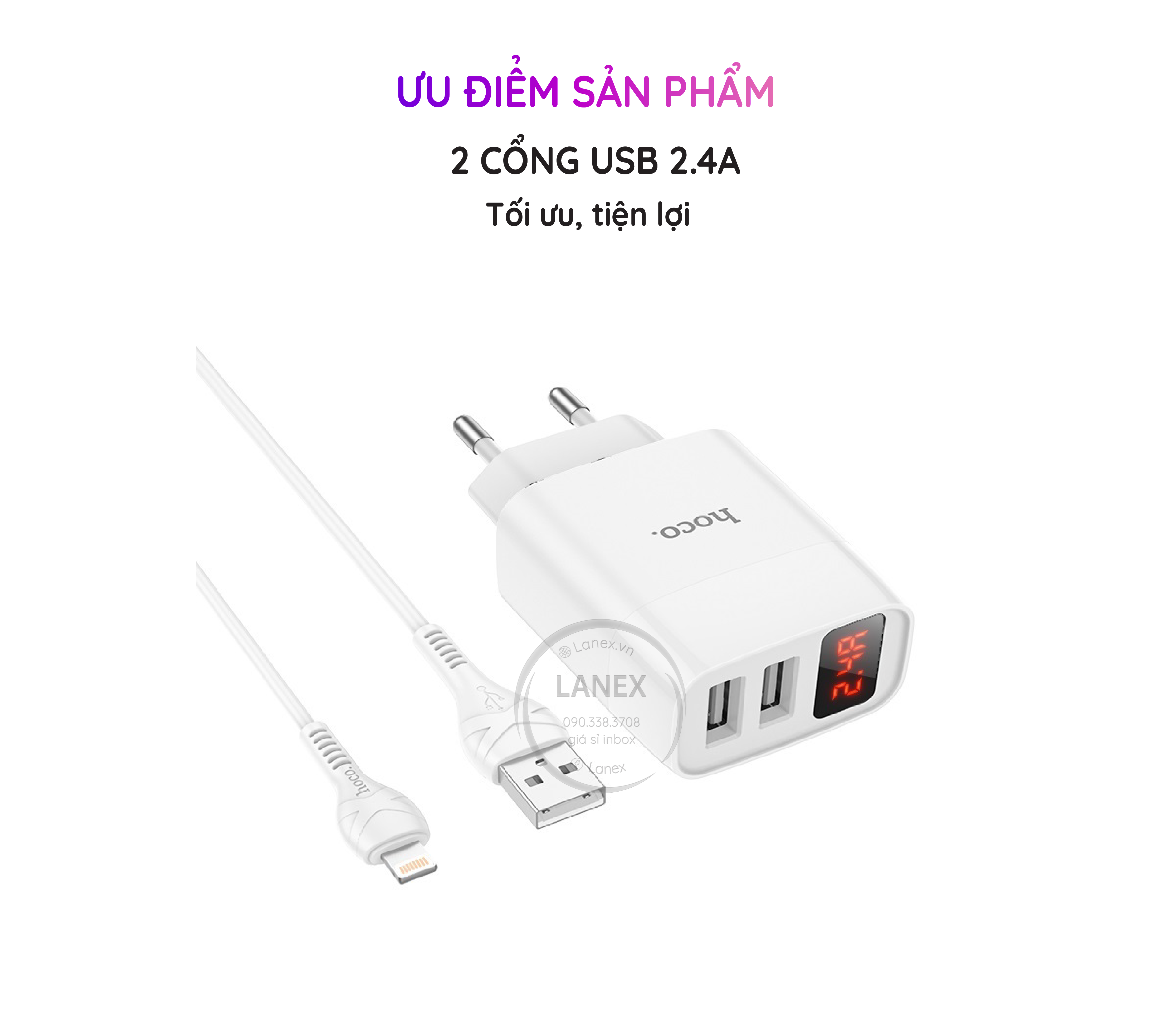 Bộ Sạc Nhanh Hoco C86 2 Cổng Usb Lightning 2.4a Màn Hình Led