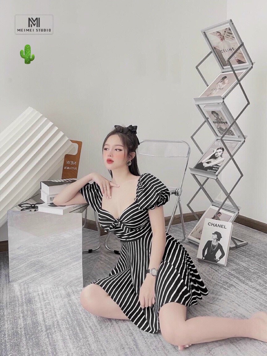 Váy đầm sọc dáng xòe trễ vai