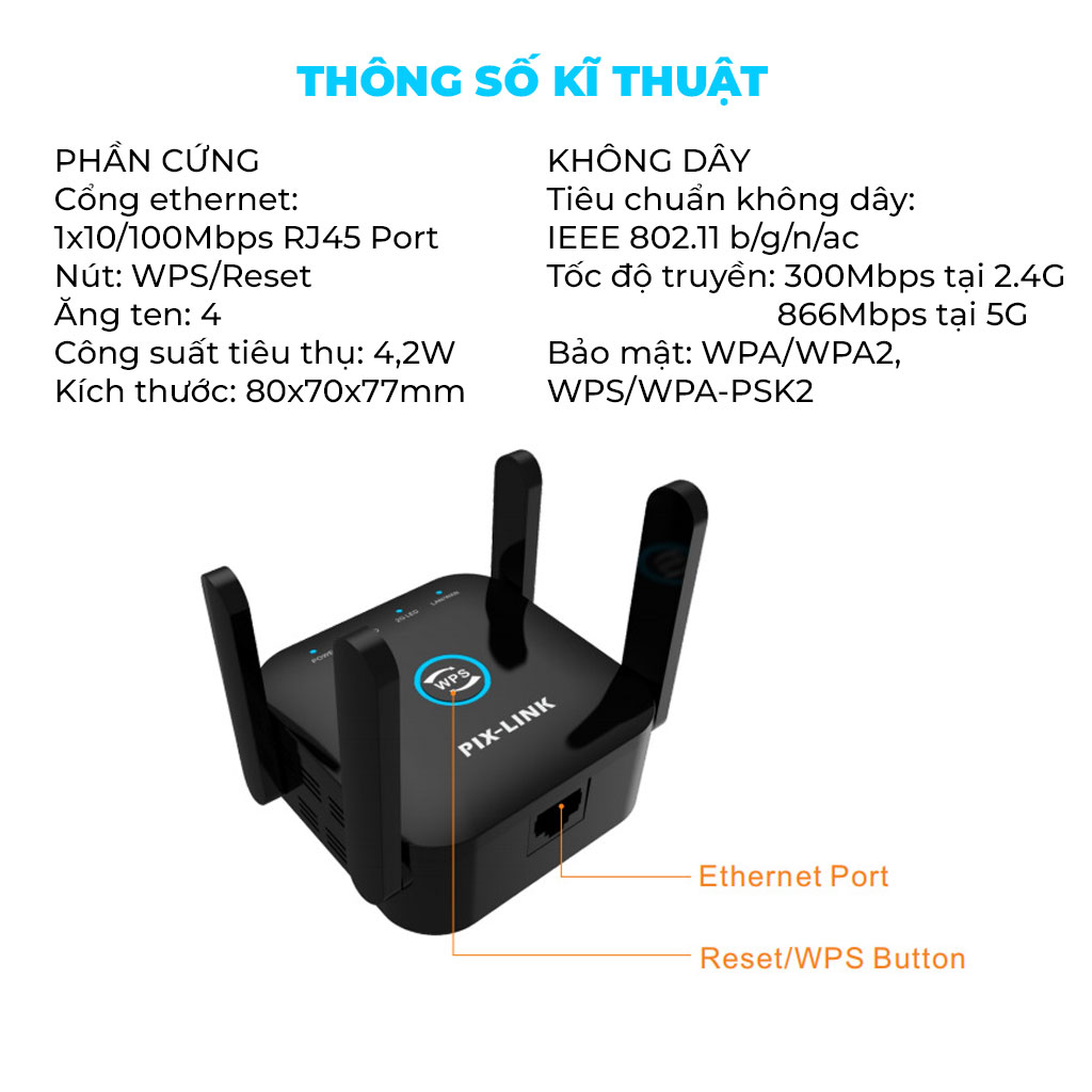 Bộ kích sóng Wifi 5G PIX-LINK LV-AC24 Pro tần số kép AC1200M mở rộng vùng phủ sóng thêm 50m, cực khỏe - hàng chính hãng