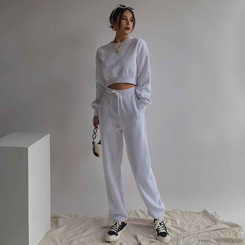 [Hoàn tiền 20%] [Kèm Video] Bộ Quần Áo Nữ Cổ Tròn Dài Tay Croptop Quần Dài Nỉ Tàu Cao Cấp Trơn Basic Thời Trang Sugal QA NU 017
