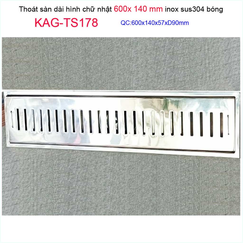 [HCM]Phễu thoát sàn 14x60cm KAG-TS178(D90-114) thoát sàn nhà tắm hình chữ nhật SUS304 inox dập khuôn sáng bóng cao cấp