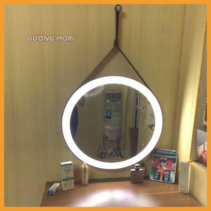 ( SIZE 50cm) GƯƠNG TRÒN VIỀN DA ĐÈN LED PHUN CAT (viền da màu đen-ánh sáng đèn led màu trắng)