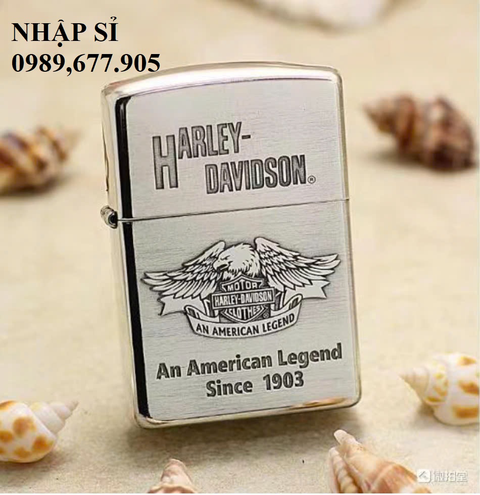 Bật Lửa  ZIPPO Mỹ , ZIPPO USA Đồng Trắng Đáy STERLING Khắc Nổi Hình HARLEY DEVIDSON   [KHÔNG XĂNG]