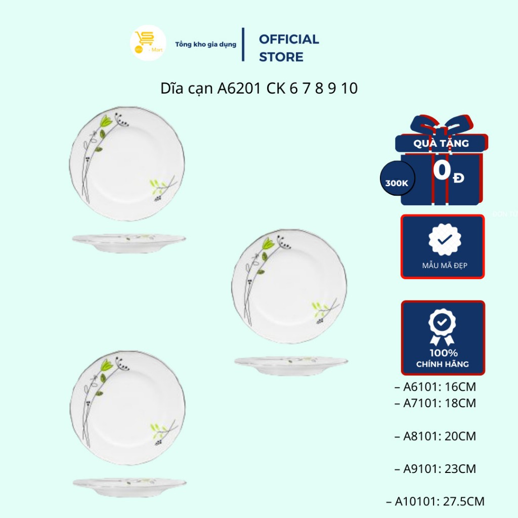 Dĩa sứ, dĩa bông cỏ, đĩa ck, dĩa cạn a6201 ck 6 7 8 9 10 men sứ trắng, mẫu mã đẹp, cao cấp mta-mart2
