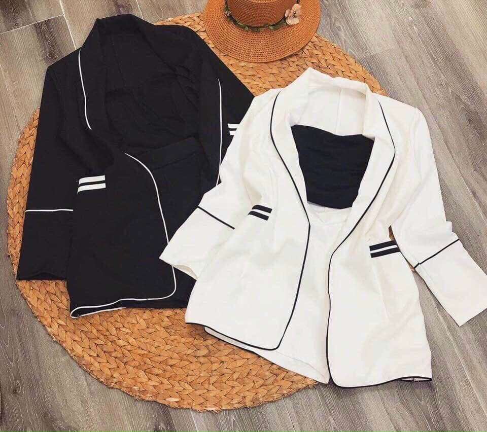 Set Bộ 3 Món Áo Vest Chạy Viền Trắng Đính Nút, Chân Váy Xoe Xếp Ly, Kèm Áo Lót Phong Cách Công Sở Hiện Đại.Qc