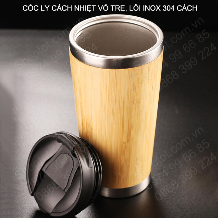Cốc ly giữ nhiệt vỏ tre, lõi inox 304, nắp bật