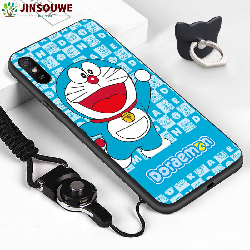 Jinsouwe For Xiaomi Redmi 9A (Finger Ring + Lanyard) Soft TPU Lovely Cartoon Doraemon Cat HP Handphone Casing Shockproof Silicone Rubber Mobile Phone Case Back Cover