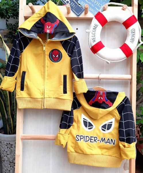 Áo khoác siêu nhân cho bé trai logo thêu Spider Man chất da cá dệt cao cấp size 10-52kg