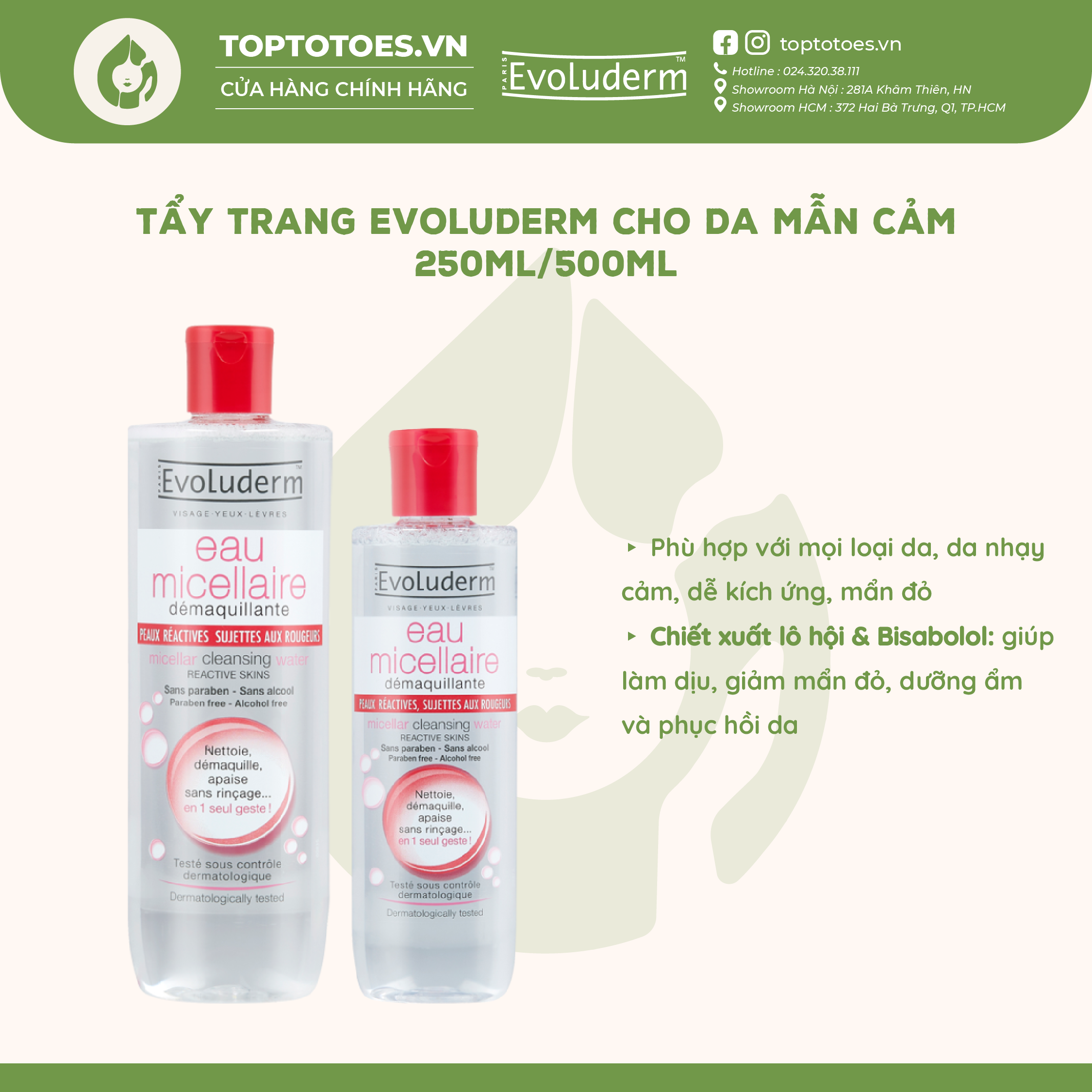 Nước tẩy trang Evoluderm Eau Micellaire 100ml/250ml/500ml
