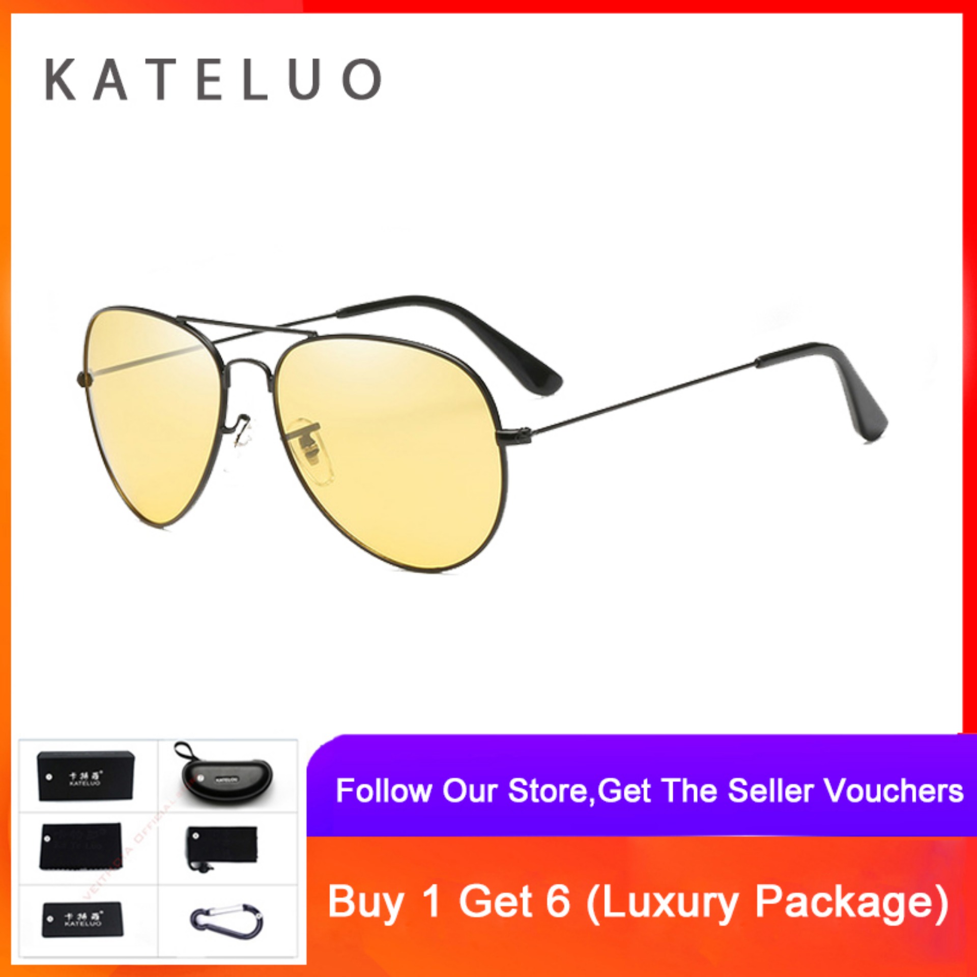 KATELUO Mens Polarized Night Driving Sunglasses Men Brand Designer Yellow Lens Night Vision Driving Glasses Goggles Reduce Glare K3025