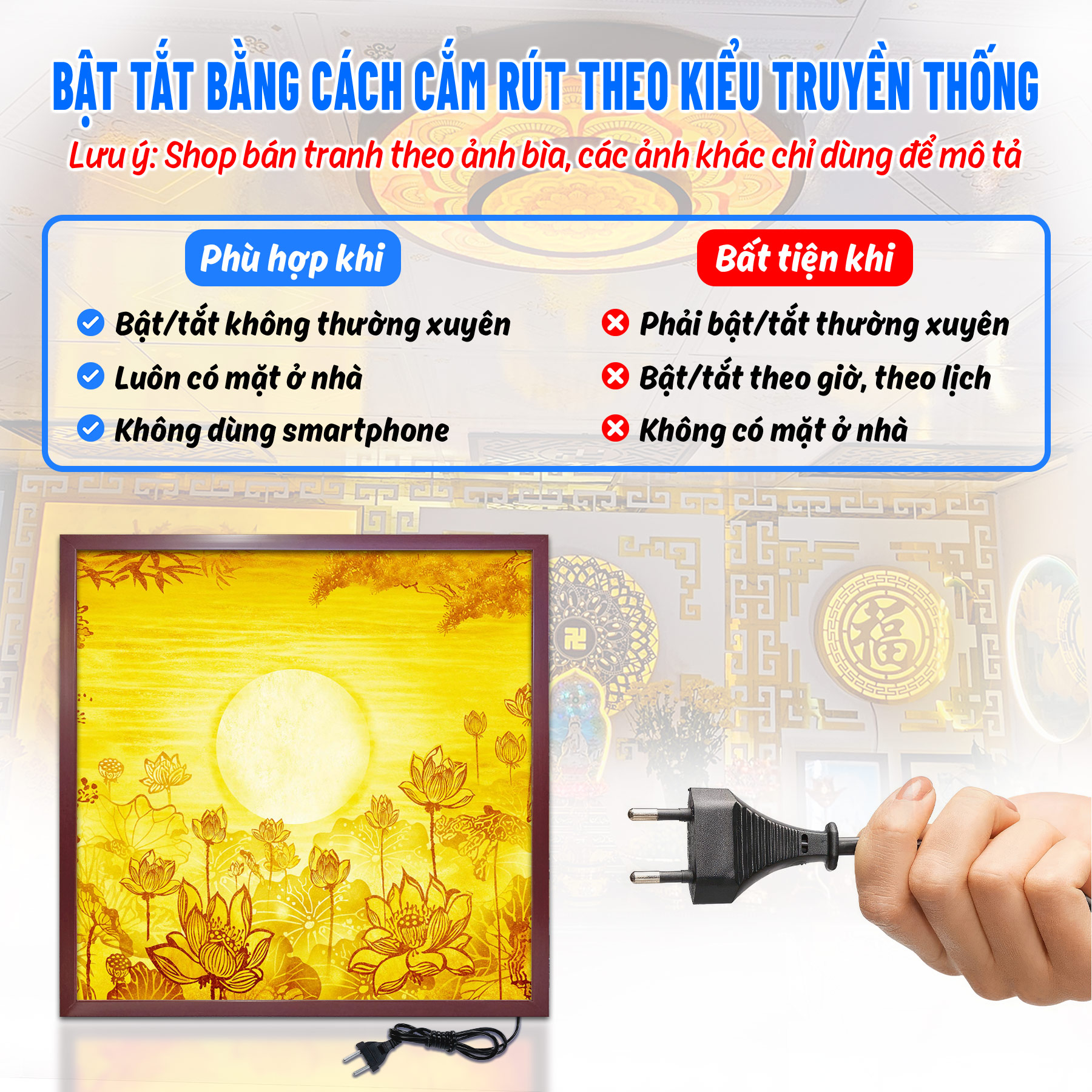 Đèn thờ tranh trúc chỉ vuông chân thiện mỹ, đèn led hào quang phật, tranh thờ trúc chỉ hoa sen tc-tv-50