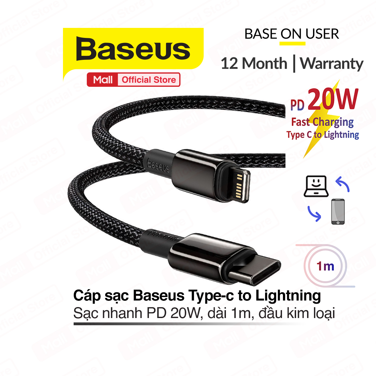 Cáp sạc PD 20W Baseus Data Cable ( CATLWJ ) Type-C to Lightning hỗ trợ sac nhanh và truyền dữ liệu 480Mbps cho các dòng iPhone/iPad đầu sạc bọc kim loại dài 1m