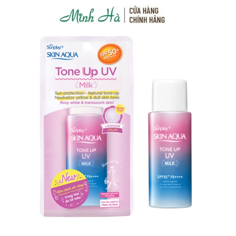Kem chống nắng Skin Aqua Sunplay Tone Up Milk Rosy White & Translucent Lavebder 50g giúp che phủ tự nhiên, nâng tông da cao cấp