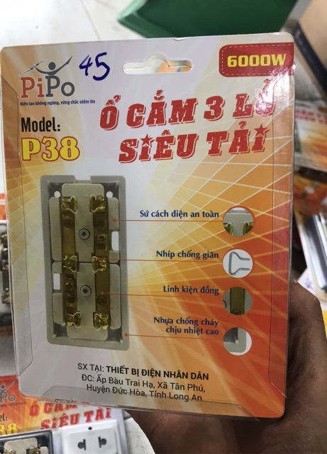 Ổ cắm 3 lổ siêu tải PIPo(lõi sứ)6000w
