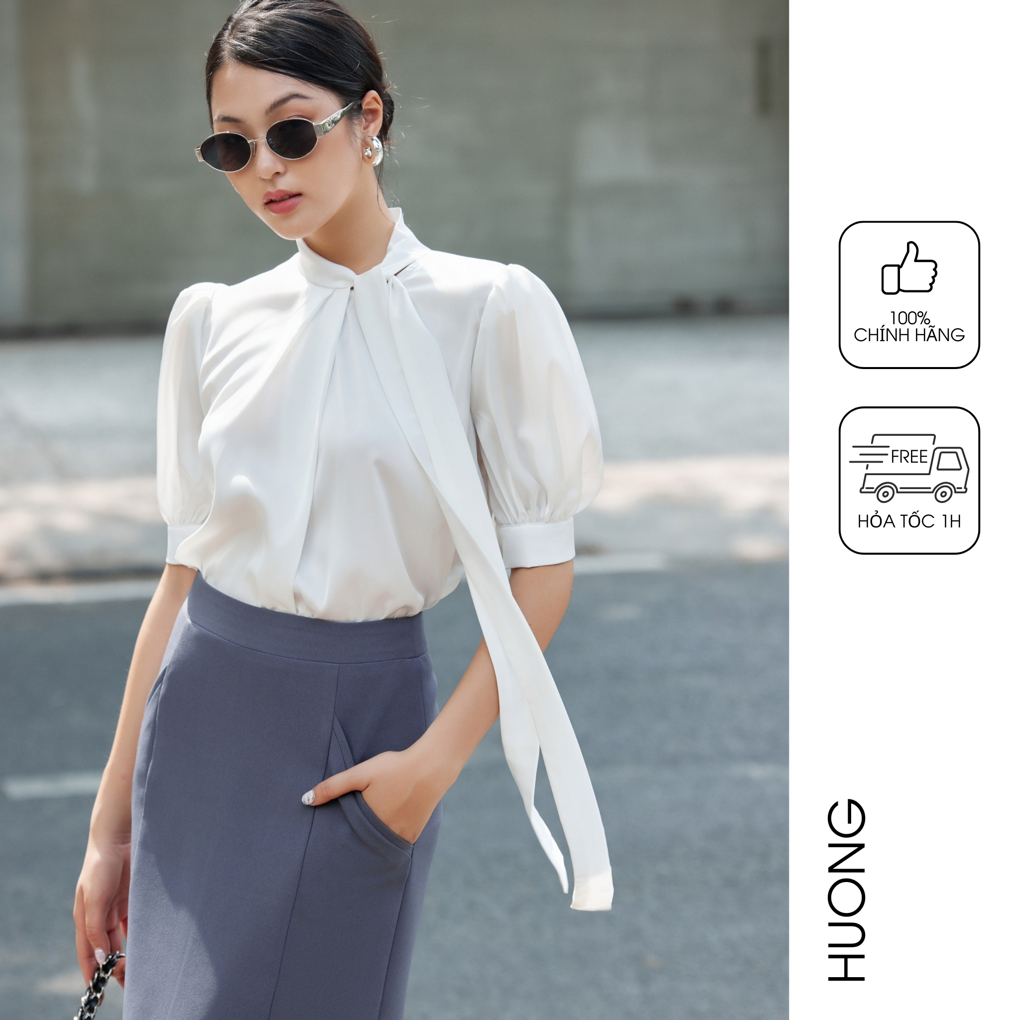 Áo sơ mi lụa trắng tinh cổ nơ huong boutique bssm38
