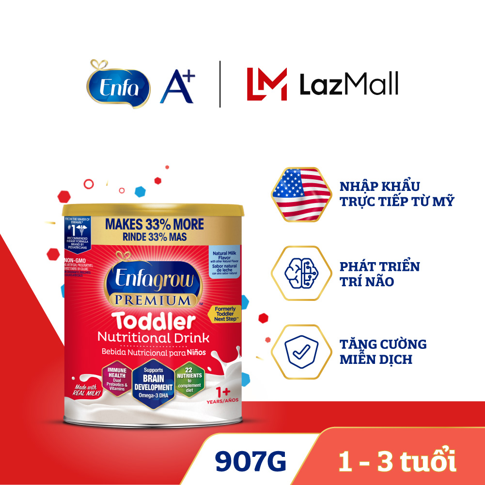 [Nhập khẩu Mỹ] Sữa bột Enfagrow Premium Toddler Hương sữa tự nhiên cho trẻ từ 1-3 tuổi- 907g