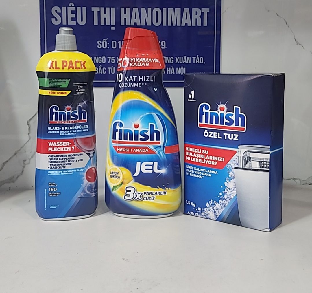 Combo Muối rửa chén finish 1.5kg hoặc Xà phòng Finish Gel 1 Lít hoặc Nước làm bóng chén bát 800ml - Dùng cho Máy Rửa Chén Bát