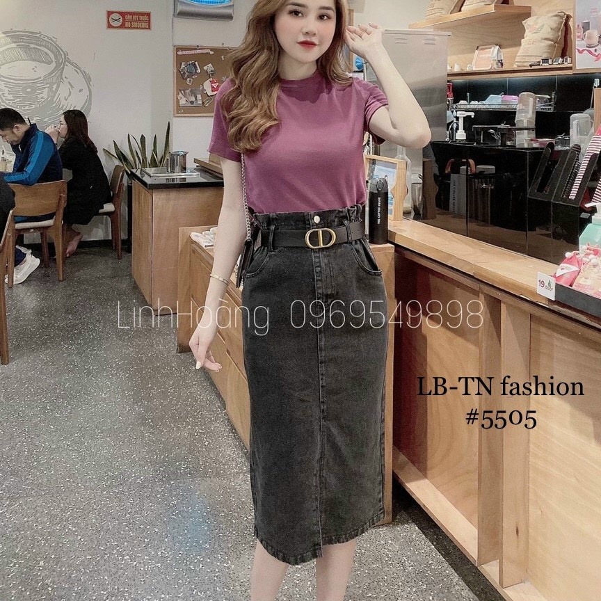 CHÂN VÁY BÒ DÀI CẠP CAO LƯNG THUN KÈM DÂY LƯNG