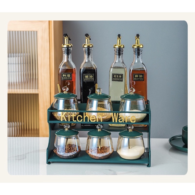 [Hàng có sẵn] Bộ Đựng Gia Vị Kitchen Ware Thuỷ Tinh Hổ Phách Cao Cấp