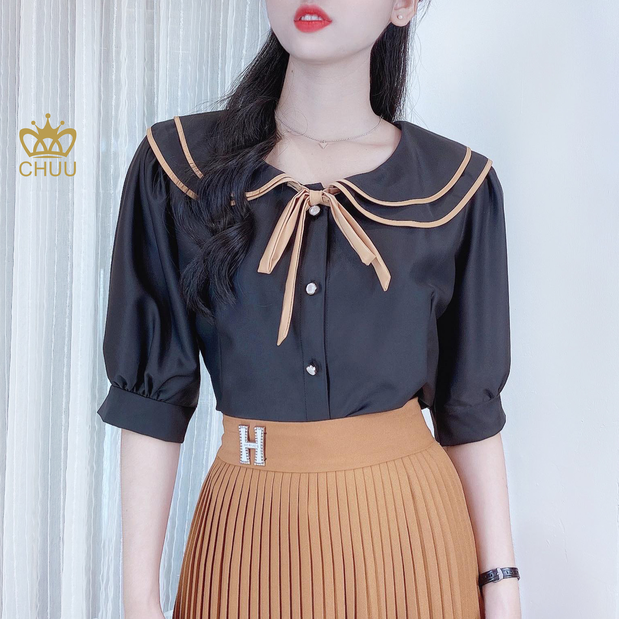 Áo sơ mi công sở nữ kiểu cổ sen 2 tầng cột nơ CHUU A6747