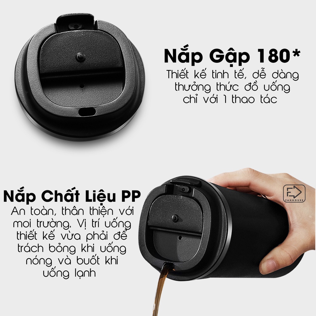 Cốc giữ nhiệt 510ml Fan House ly coffee holic inox 304, ly giữ nhiệt 12h khắc tên theo yêu cầu tặng Sticker trang trí