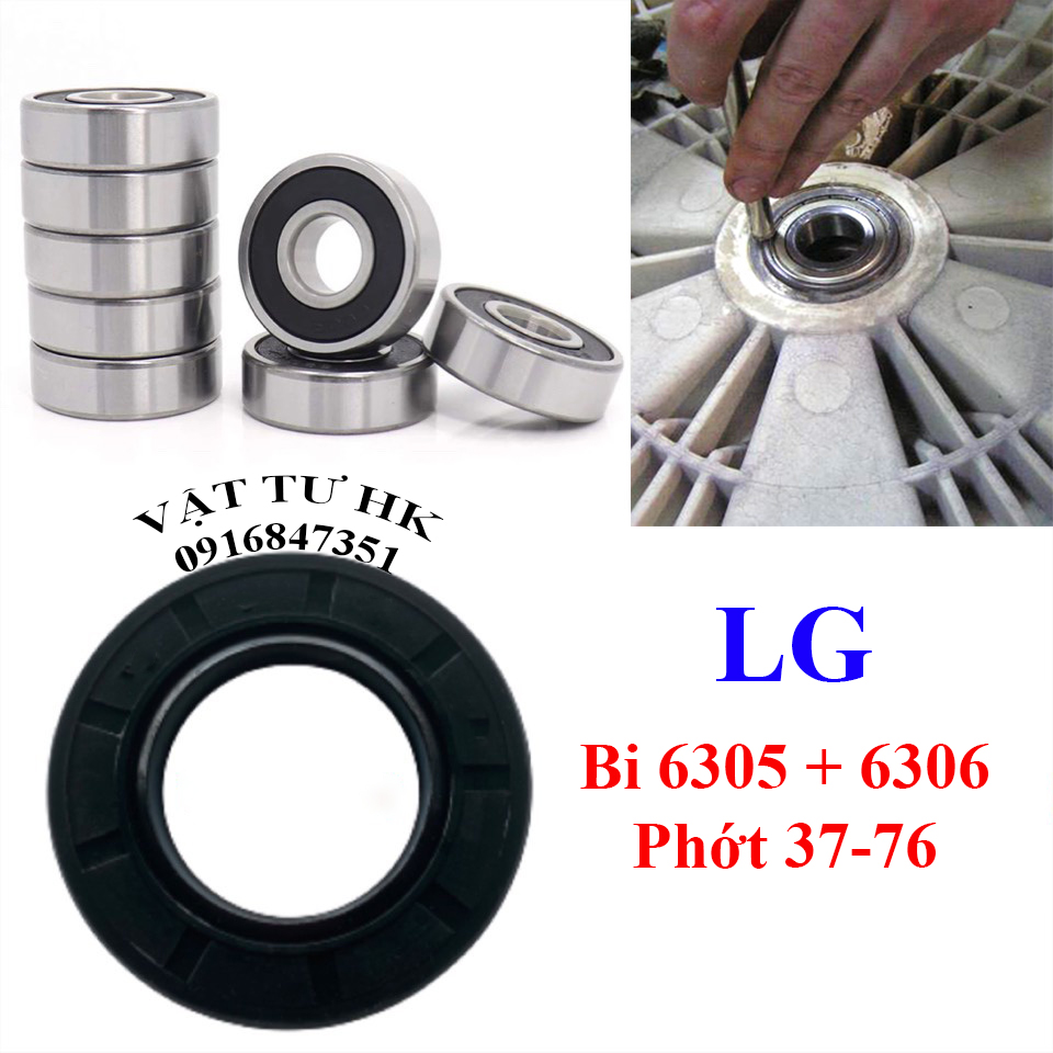 Bộ 2 vòng bi kèm 1 phớt chắn nước máy giặt lg to lồng ngang - mg cửa trước - phớt lg 37-76 + bi 6305+6306