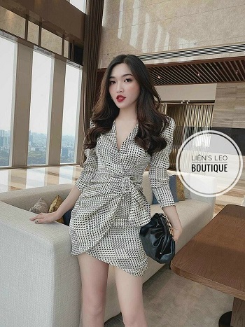 [HCM]ĐẦM CỔ VEST TAY DÀI PHỐI DÂY RÚT TẠI EO THỜI TRANG