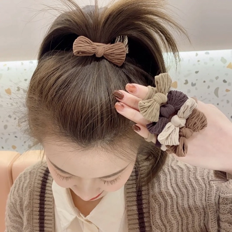 Set 3 dây cột tóc nữ đơn giản hình nơ co dãn siêu tốt màu nâu trà sữa phong cách Hàn Quốc