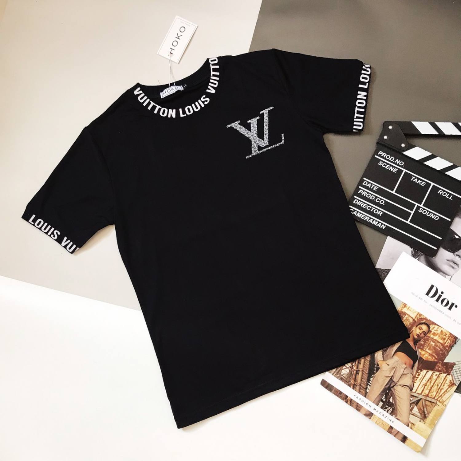 Áo thun nam nữ cổ tròn tay ngắn phối dây cổ in logo LV áo chất cotton thoáng mát thời trang hè hot trend