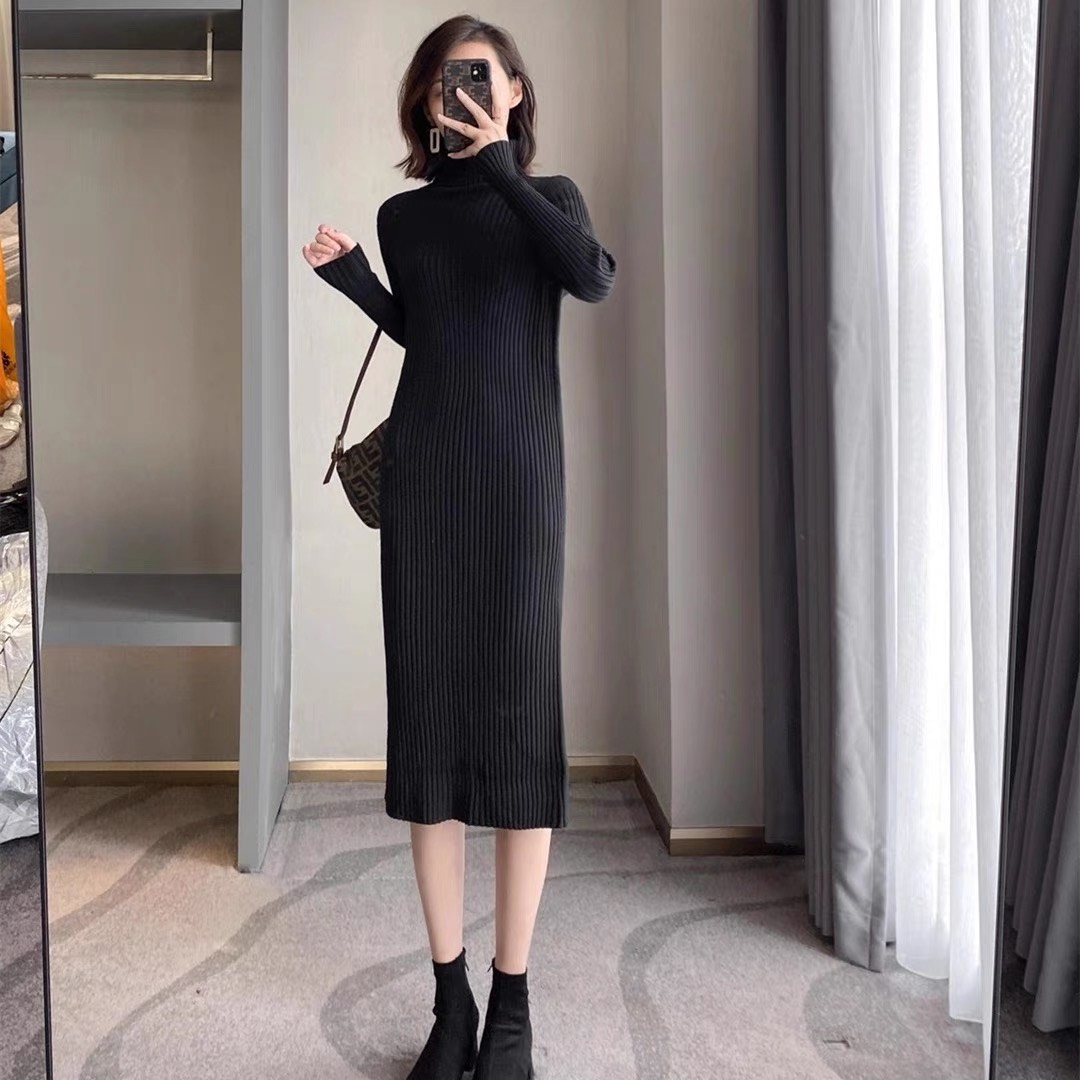 Lịch sử giá Váy len nữ dáng dài suông đầm len cổ lọ màu đen be nâu basic  phom rộng hàng Quảng Châu cao cấp Style Hàn Quốc cập nhật 2/2024 -