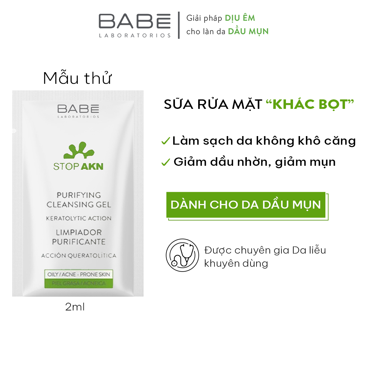 Mẫu thử sữa rửa mặt Babe Stop Akn 2ml x3 (3 gói)