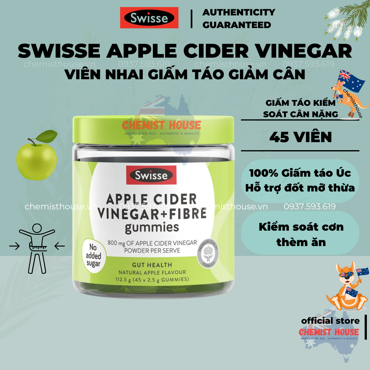 Kẹo dẻo thạch giấm táo Swisse giảm cân an toàn - Swisse Apple Cider Vinegar & Fibre Gummies 45 Pack