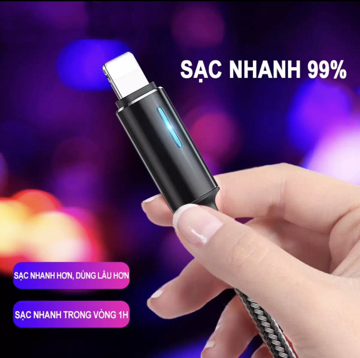 Cáp sạc nhanh hiển thị đèn LED dành cho iphone/Android dây dù 1,2M siêu bền