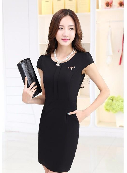 Đầm ôm vải đũi Thái cài hoa (Xanh coban)