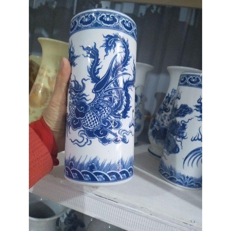 Ống cắm hương thờ cúng men lam