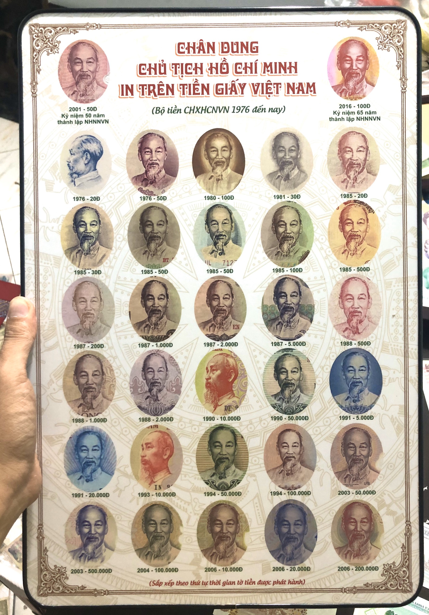 KHUNG TRANH ÉP GỖ HÌNH ẢNH CHÂN DUNG BÁC HỒ IN TRÊN TiEN GIAY VIỆT NAM