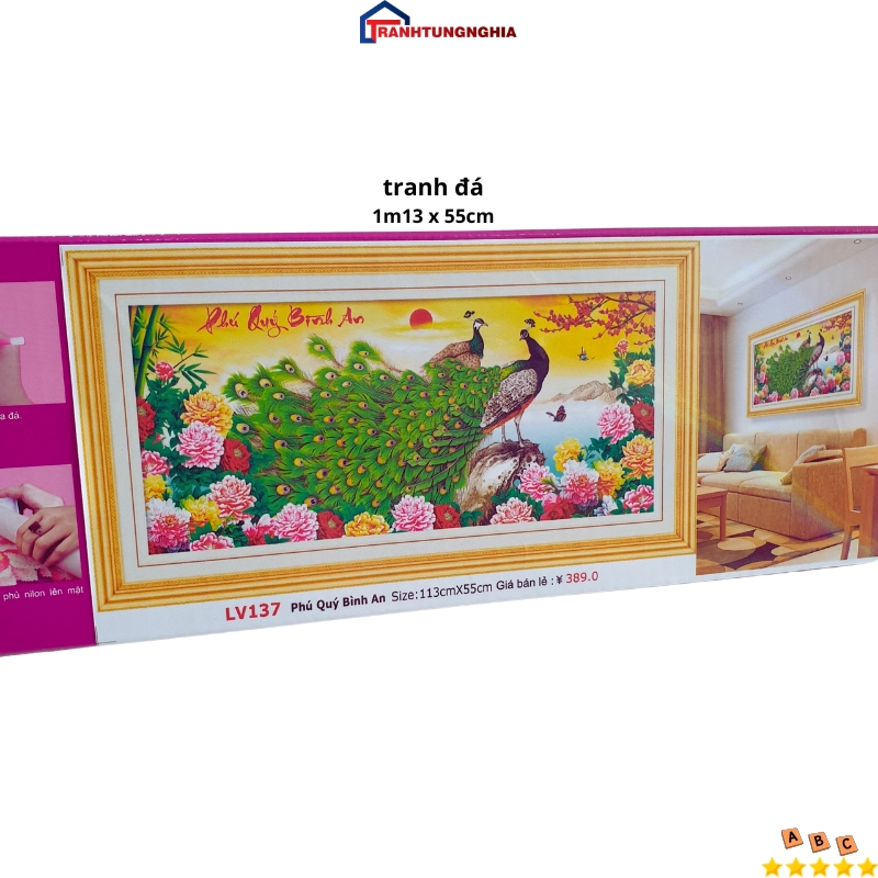 Tranh đính đá, tranh thêu chữ thập công phú quý bình an