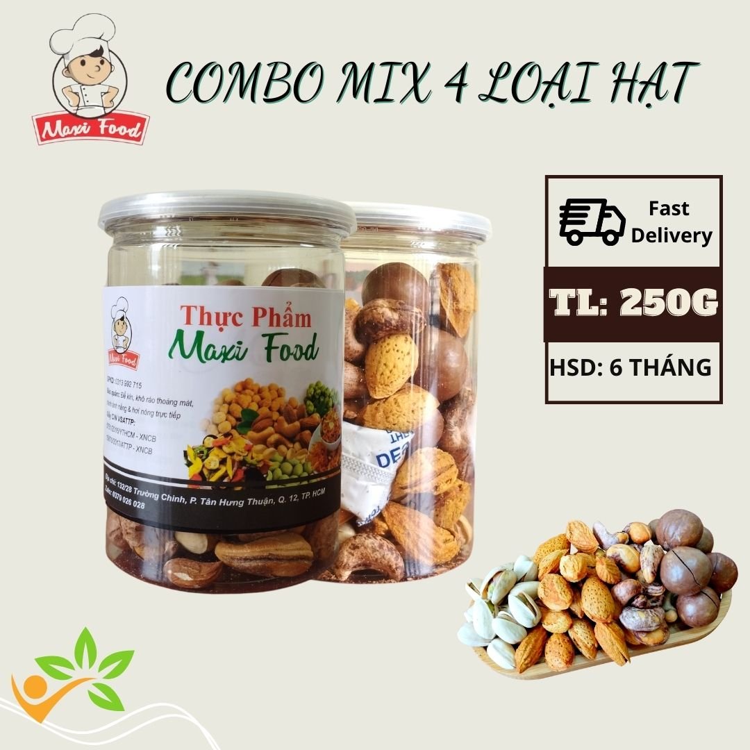 Combo Mix 4 Loại Hạt ( Hạt Dẻ Cười, Hạt Điều, Hạt Macca, Hạnh Nhân Rang Bơ) MAXIFOOD
