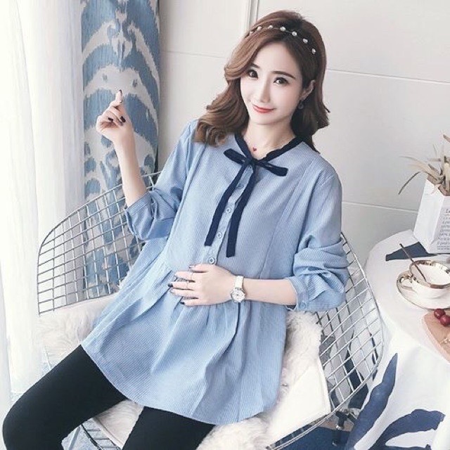 áo bầu kiểu đẹp-áo bầu suông a sơ mi kẻ sọc -free size 42-70kg