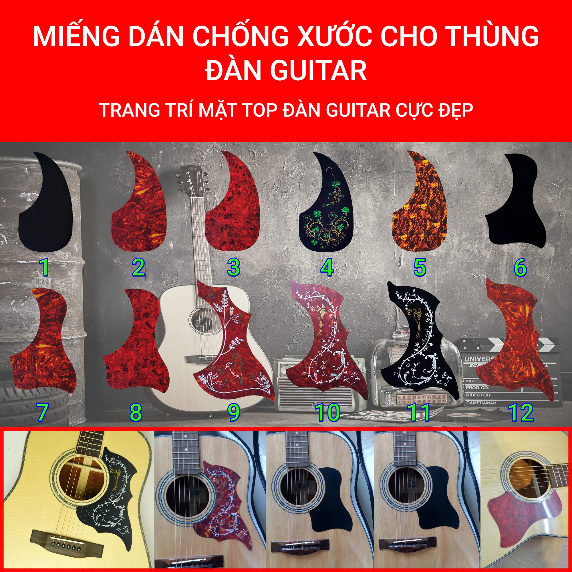 11 MẪU | Miếng dán giả khảm trang trí cần đàn Guitar