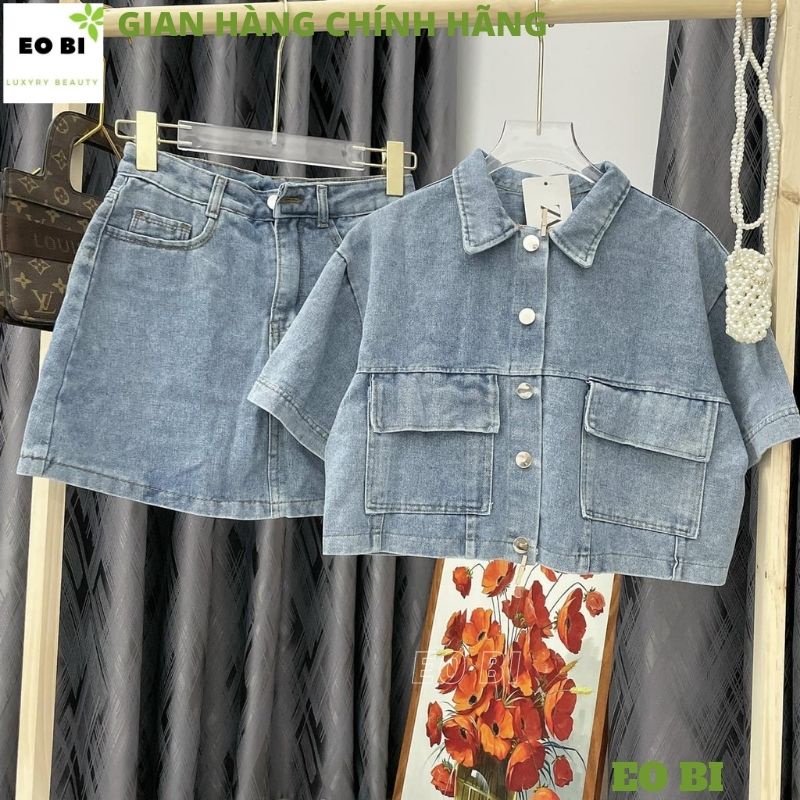 Set jean mix chân váy chất đẹp - set bò denim cao cấp áo bò tay cộc mix chân váy - eobi
