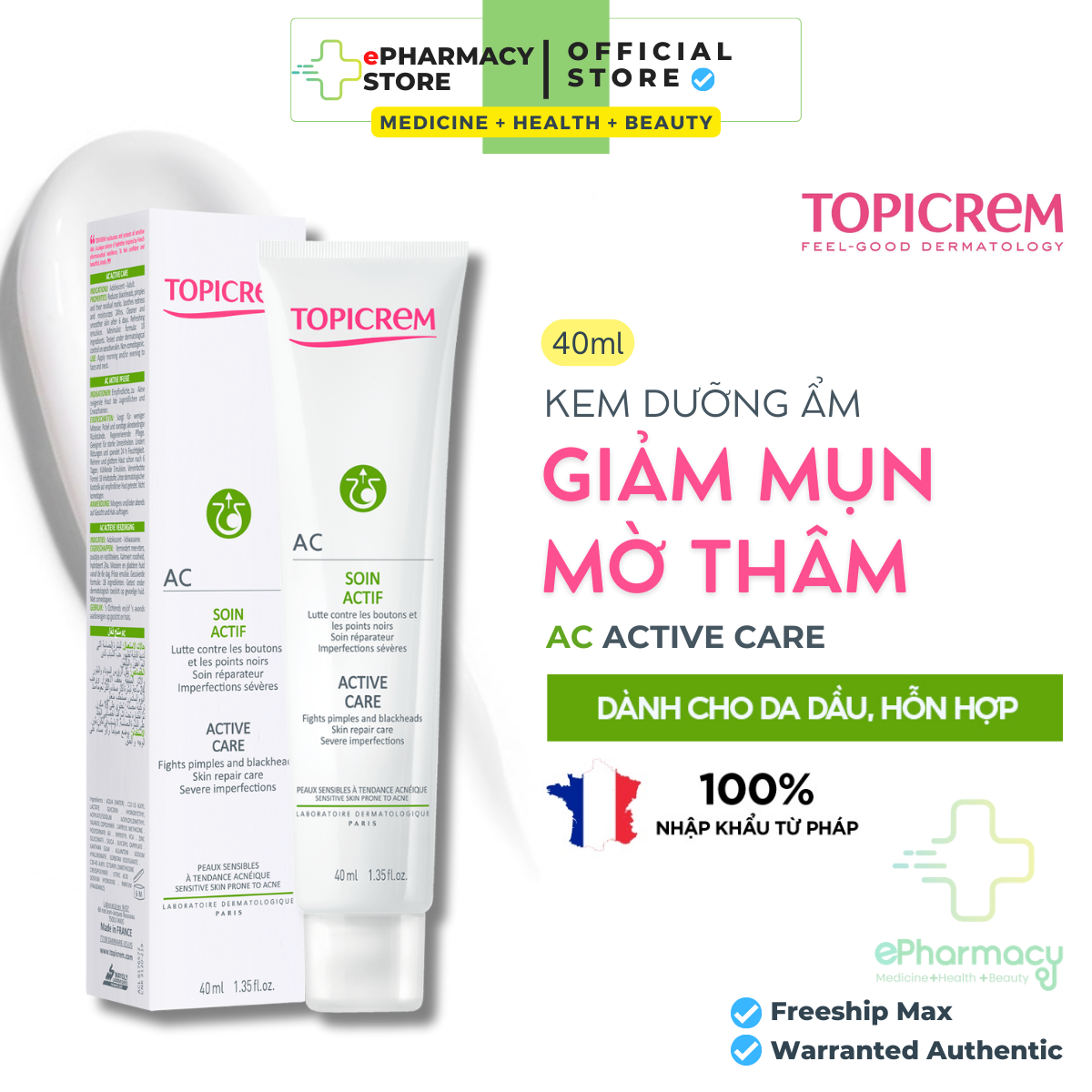 Kem dưỡng topicrem ac active care giảm mụn cho da dầu mụn