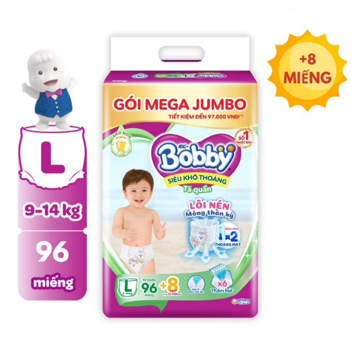 Tã quần Bobby size L96+8m (104 miếng) siêu khô thoáng