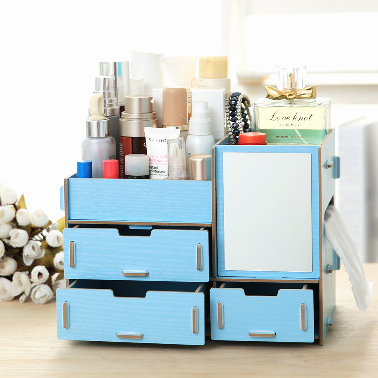 Tủ đựng đồ trang điểm mỹ phẩm bằng gỗ ép có gương- màu hồng