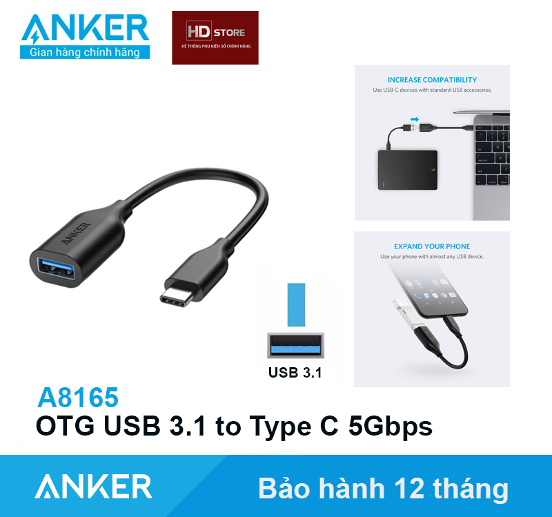 Đầu chuyển OTG Anker Type C to USB 3.1 5Gbps - A8165 Laptop Macbook Mac Samsung cắm chuột Led truyền dữ liệu tốc cao