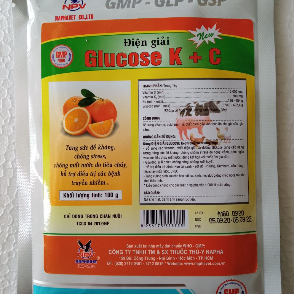Điện giải glucose gói 100g Gluco k c cung cấp điện giải, chống mất nước, chống stress nhiệt.