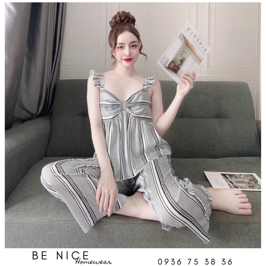 Set lụa dài mặc nhà nơ tay cánh tiên