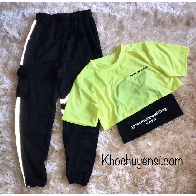 ☀️Set Quần Nỉ Phản Quang + Áo Croptop ( Kèm Lót)
