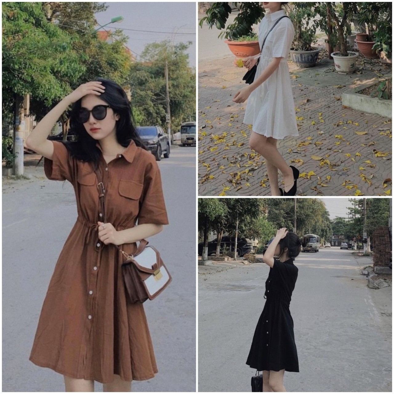 Váy sơ mi cộc tay cổ đức túi hộp dây rút eo đầm suông dáng ngắn kiểu sơ mi nhiều màu đẹp mắt