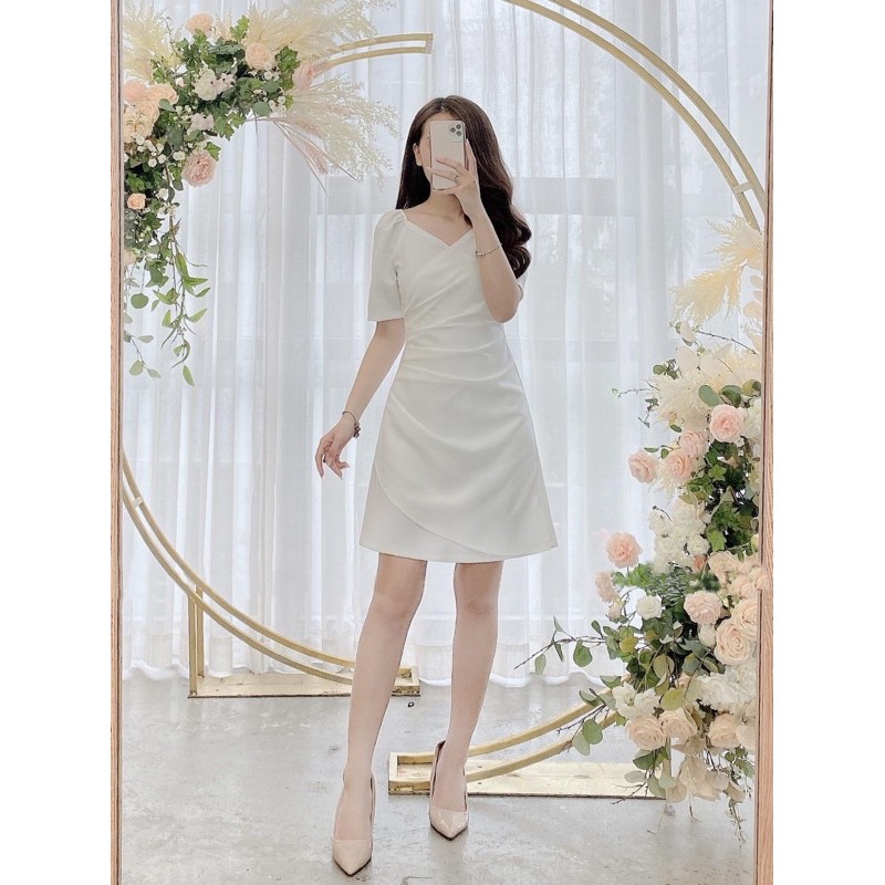Đầm cổ V xếp li eo 3 màu